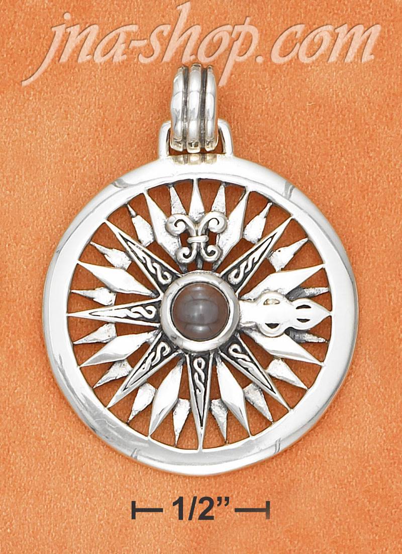 Sterling Silver LARGE COMPASS ROSE W/ BLUE TOPAZ GEMSTONE CHARM - Click Image to Close