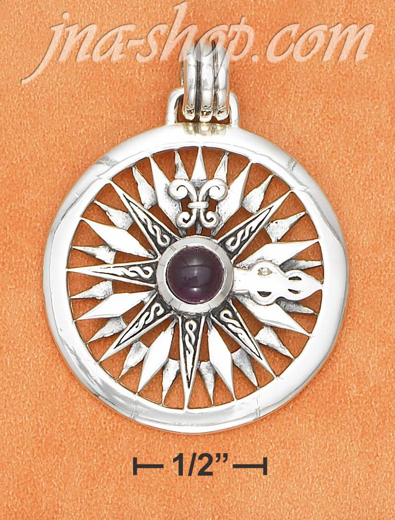 Sterling Silver LARGE COMPASS ROSE W/ AMETHYST GEMSTONE CHARM - Click Image to Close