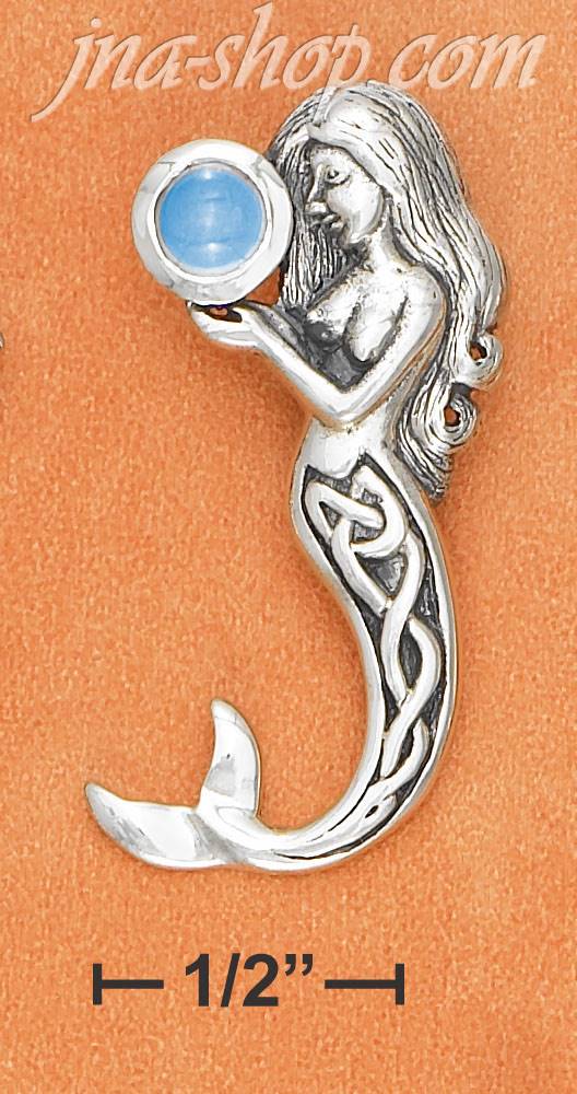 Sterling Silver LARGE CELTIC MERMAID HOLDING BLUE TOPAZ GEMSTONE - Click Image to Close