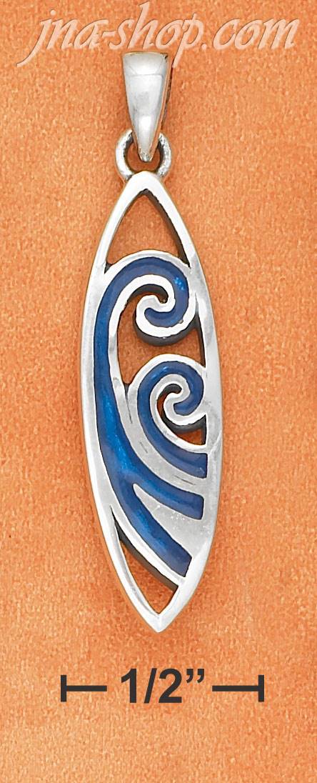 Sterling Silver SURFBOARD W/ INLAID PAUA SHELL WAVE DESIGN CHARM - Click Image to Close