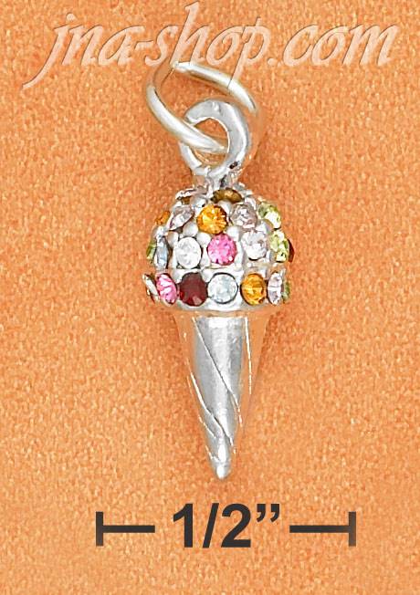 Sterling Silver 3D 3/4" ICE CREAM CONE CHARM WITH MULTI COLOR PA - Click Image to Close