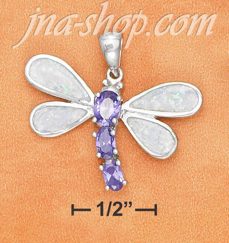 Sterling Silver 1.25" WIDE DRAGONFLY PENDANT W/SYN BLUE OPAL WIN - Click Image to Close