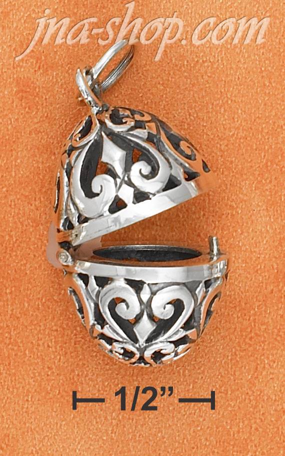Sterling Silver ANTIQUED FILIGREE EGG CHARM WHICH OPENS - Click Image to Close