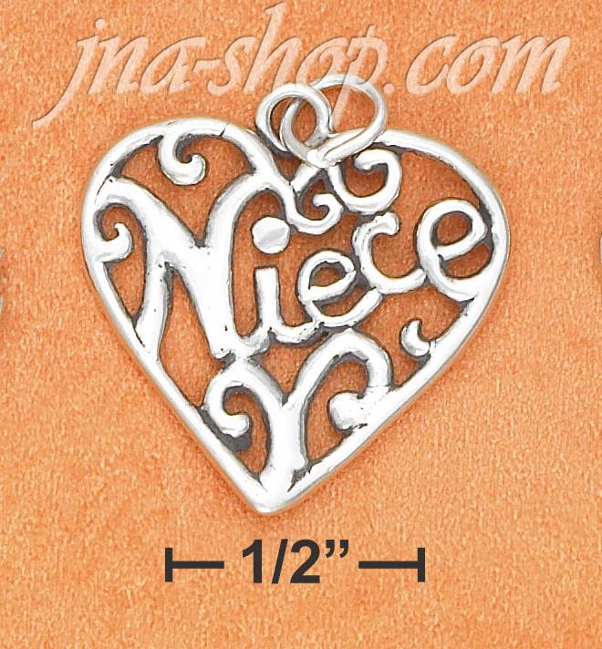 Sterling Silver "NIECE" OPEN FILIGREE HEART CHARM - Click Image to Close