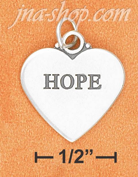 Sterling Silver FLAT HIGH POLISH "HOPE" HEART CHARM W/ ANTIQUE L - Click Image to Close