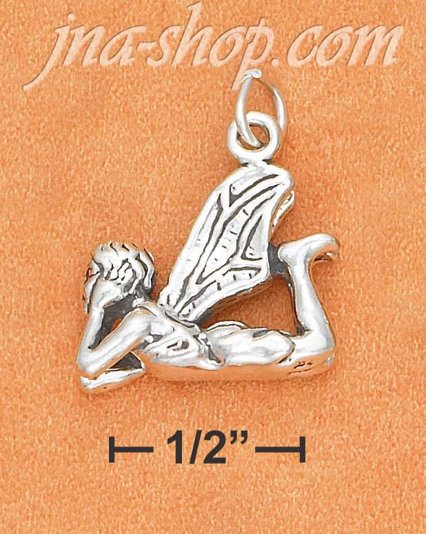 Sterling Silver ANTIQUED LYING DOWN FAIRY CHARM RESTING ON ELBOW - Click Image to Close