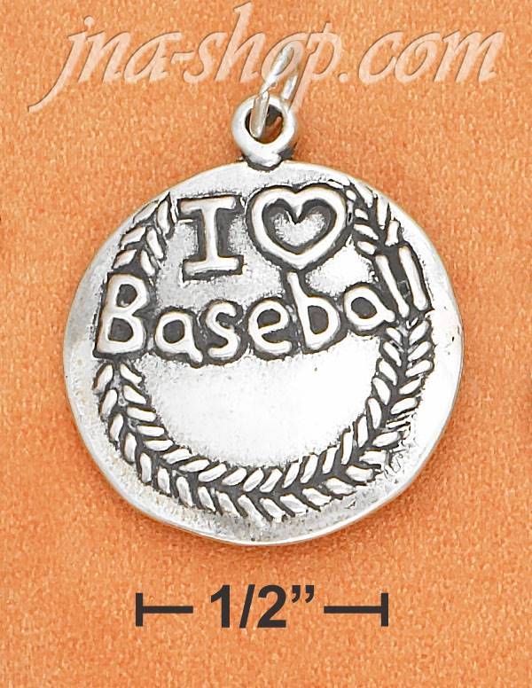 Sterling Silver ANTIQUED SLIGHTLY DOMED "I LOVE BASEBALL" CHARM - Click Image to Close