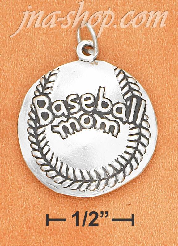 Sterling Silver SLIGHTLY DOMED "BASEBALL MOM" CHARM - Click Image to Close