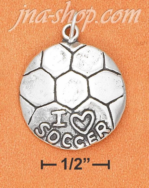 Sterling Silver SLIGHTLY DOMED "I LOVE SOCCER" CHARM - Click Image to Close