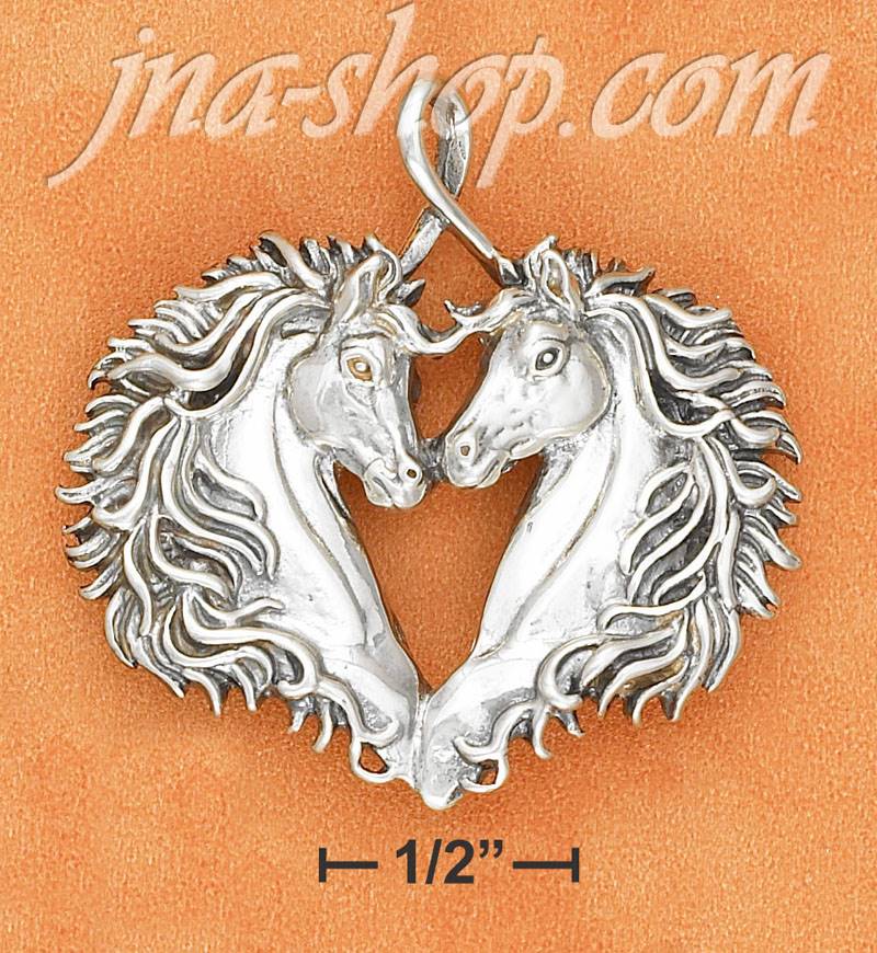 Sterling Silver 1 3/4" ANTIQUED DOUBLE HORSEHEADS FORMING HEART - Click Image to Close