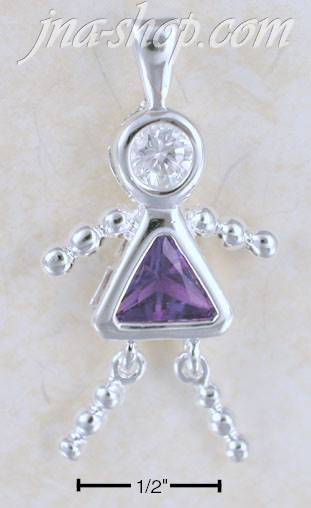 Sterling Silver FEBRUARY BEAD GIRL CHARM W/ PURPLE CZ - Click Image to Close