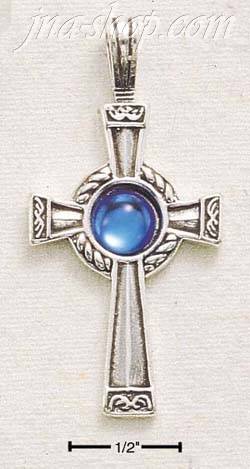 Sterling Silver RUSSIAN CROSS W/ BLUE CRYSTAL BALL - Click Image to Close
