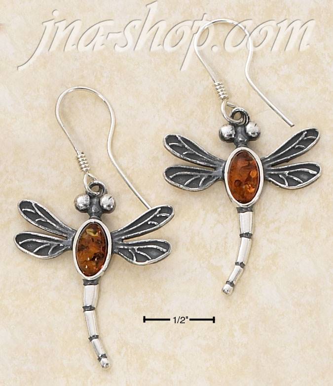 Sterling Silver ANTIQUED AMBER DRAGONFLY FRENCH WIRE EARRINGS (A - Click Image to Close