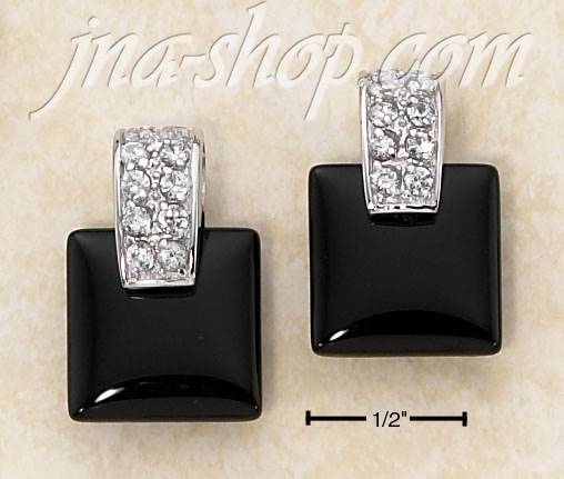 Sterling Silver SQUARE ONYX W/ CZ CHIPS POST EARRINGS - Click Image to Close