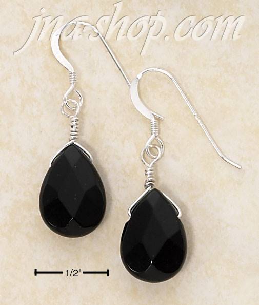 Sterling Silver FACETED ONYX TEARDROP FRENCH WIRE EARRINGS - Click Image to Close