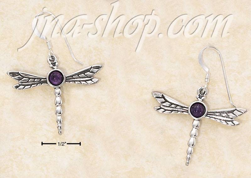 Sterling Silver DRAGON FLY W/ AMETHYST CAB FRENCH WIRE EARRINGS - Click Image to Close