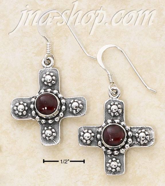 Sterling Silver CROSS W/ ROUND GARNET CENTER & FLOWERS FW EARRIN - Click Image to Close