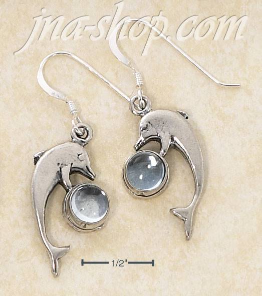 Sterling Silver DOLPHIN W/ BLUE TOPAZ CABS FRENCH WIRE EARRINGS - Click Image to Close