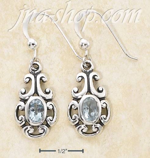 Sterling Silver SCROLL DESIGN W/ OVAL BLUE TOPAZ STONE FRENCH WI - Click Image to Close