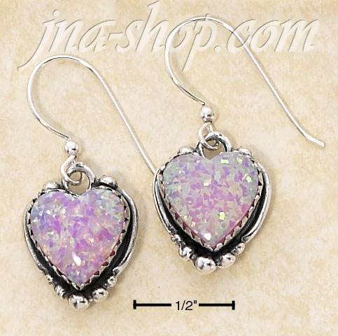 Sterling Silver SYNTHETIC PINK OPAL HEART DANGLE FRENCH WIRE EAR - Click Image to Close