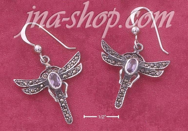 Sterling Silver MARCASITE & AMETHYST DRAGONFLY FRENCH WIRE EARRI - Click Image to Close