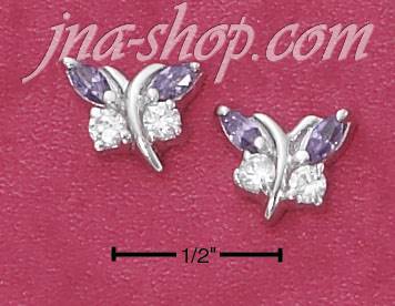 Sterling Silver PURPLE & CLEAR CZ BUTTERFLY POST EARRINGS - Click Image to Close