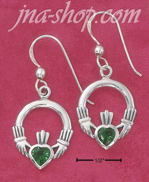 Sterling Silver CLADDAGH FRENCH WIRE EARRINGS W/ EMERALD GLASS H - Click Image to Close