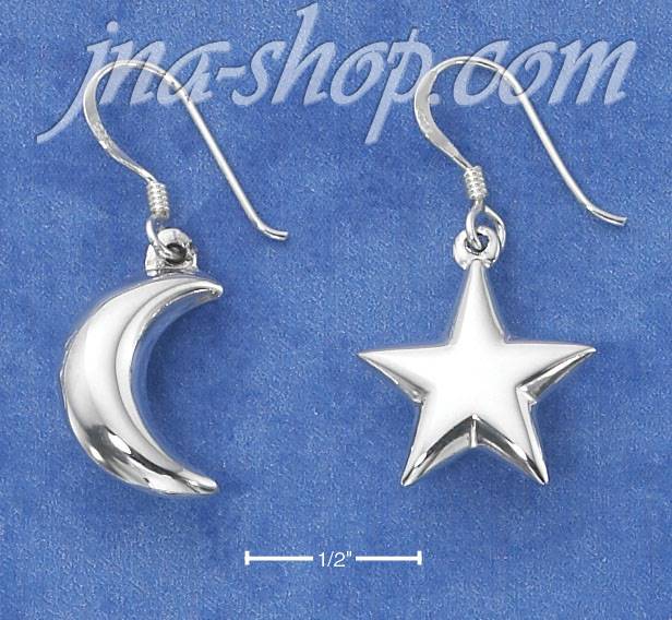 Sterling Silver HIGH POLISHED PUFFED MOON & STAR MISMATCH PAIR F - Click Image to Close