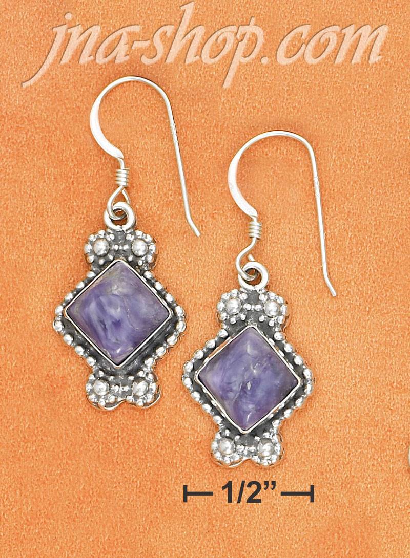 Sterling Silver BEAD EDGE FW EARRINGS W/ DIAMOND SHAPED CHAROITE - Click Image to Close