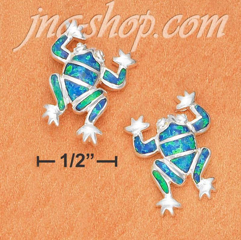 Sterling Silver 3/4" SYNTHETIC BLUE OPAL INLAY FROG POST EARRING - Click Image to Close