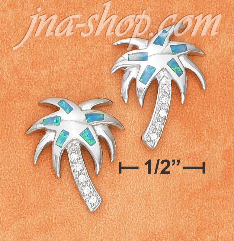 Sterling Silver PALM TREE POST EARS W/PAVE TRUNK & SYN BLUE OPAL - Click Image to Close