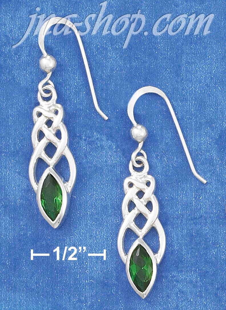 Sterling Silver ELONG CELTIC KNOT EARRINGS W/ 4X8MM GREEN GLASS - Click Image to Close