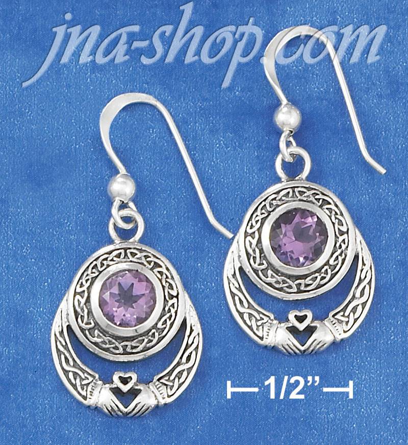 Sterling Silver ANTIQUED CELTIC CLADDAGH EARRINGS W/ ROUND AMETH - Click Image to Close
