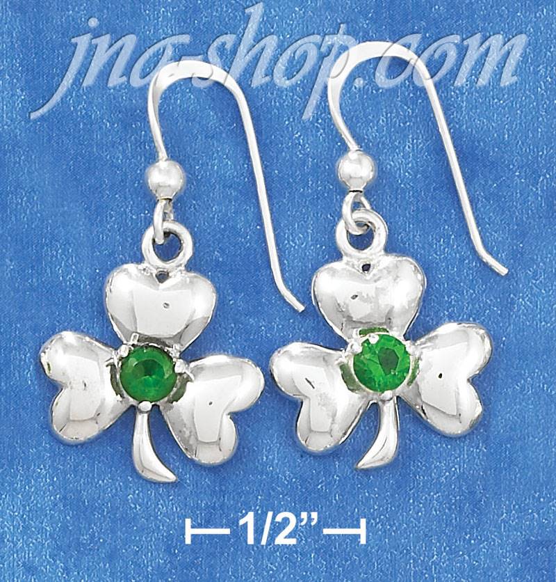 Sterling Silver HP SHAMROCK EARRINGS W/ 4MM ROUND GREEN GLASS CE - Click Image to Close