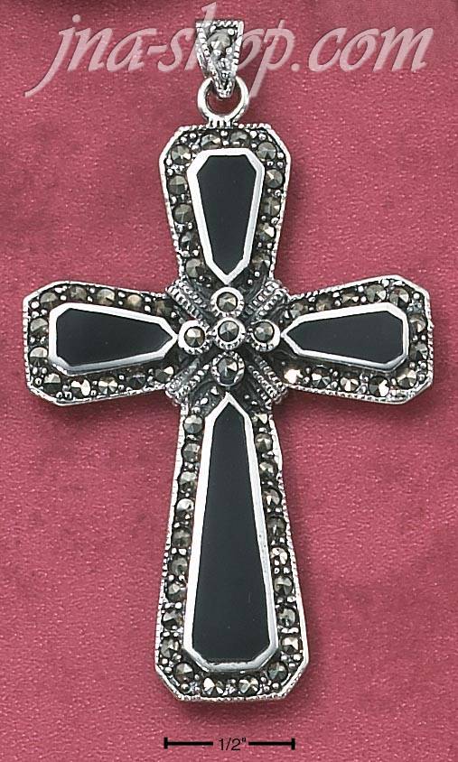 Sterling Silver LARGE MARCASITE CROSS W/ GENUINE ONYX ACCENTS - Click Image to Close