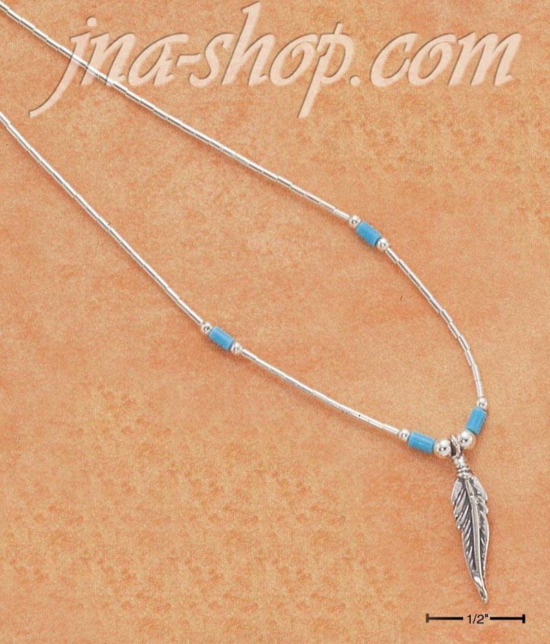 Sterling Silver 18" LIQUID SILVER NECKLACE W/ TURQUOISE AND FEAT - Click Image to Close