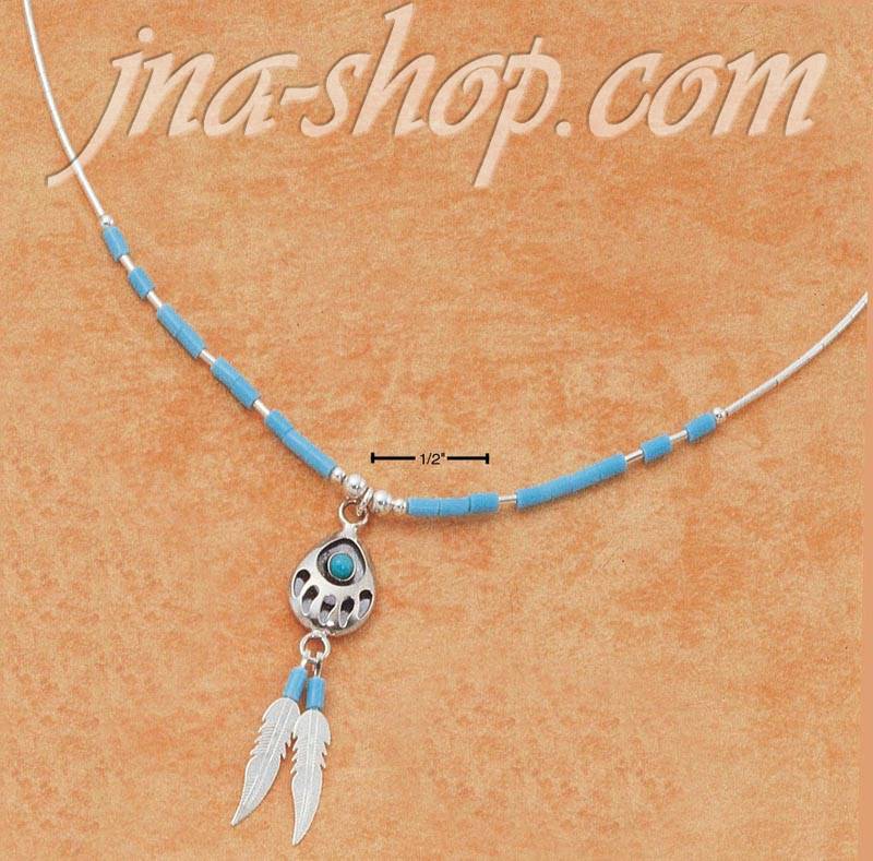 Sterling Silver 16" LIQUID SILVER NECKLACE W/ TURQUOISE BEARPAW - Click Image to Close