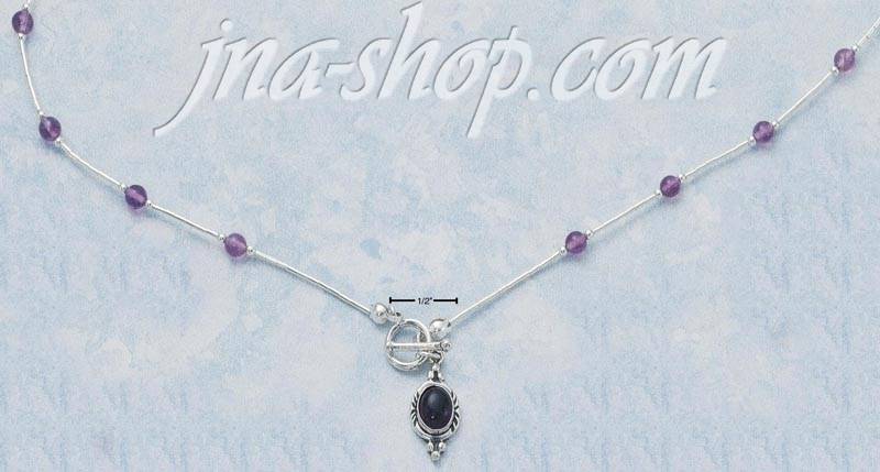 Sterling Silver LIQUID SILVER CHOKER W/ 17 AMETHYST BEADS & OVAL - Click Image to Close