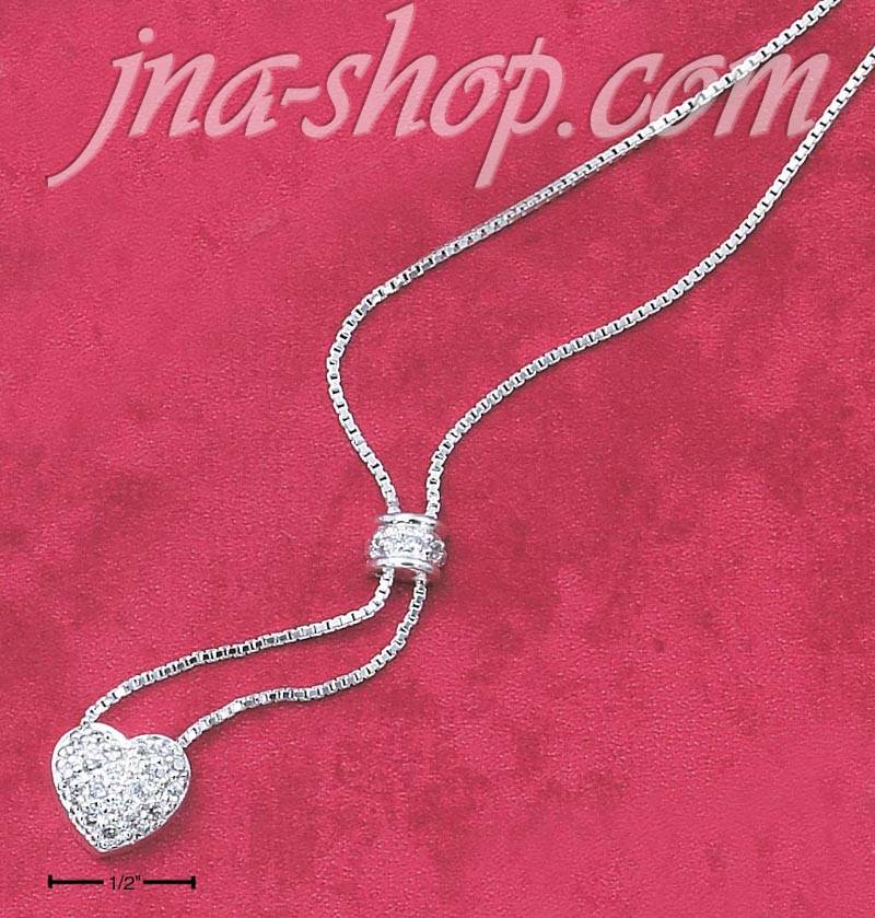 Sterling Silver 15" BOX CHAIN NECKLACE W/ CZ DOME AND PAVE HEART - Click Image to Close