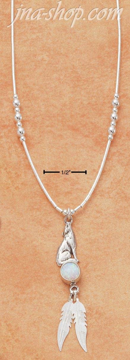 Sterling Silver 16" LS NECKLACE W/ HOWLING WOLF LAB OPAL & FEATH - Click Image to Close