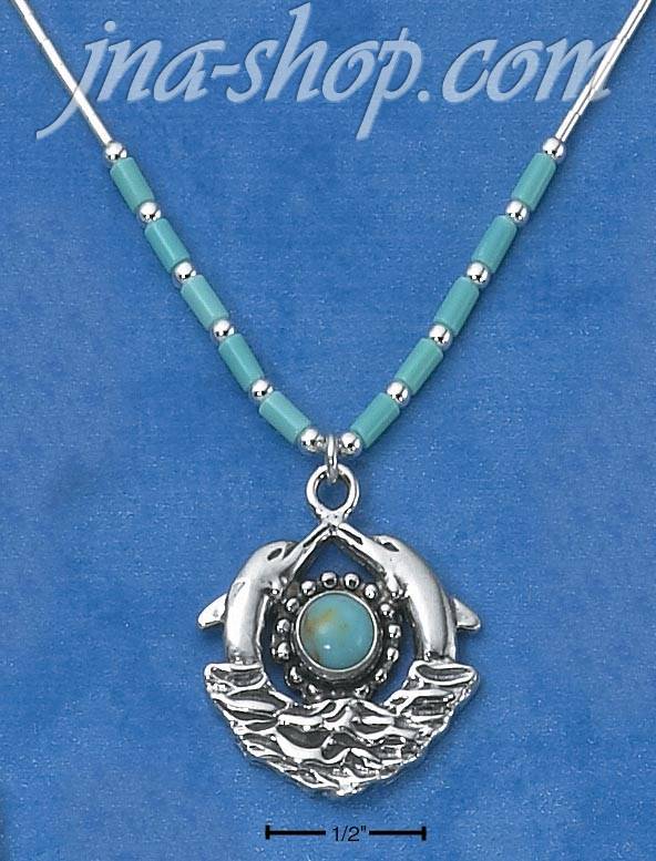Sterling Silver 16" LIQUID SILVER NECKLACE W/ ROUND TURQUOISE & - Click Image to Close