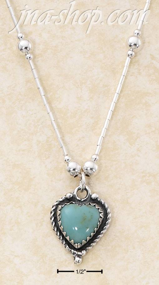 Sterling Silver 16" LIQUID SILVER NECKLACE W/ TURQUOISE HEART & - Click Image to Close