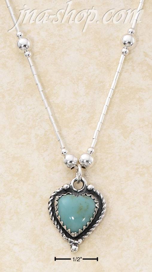 Sterling Silver 16" LIQUID SILVER NECKLACE W/ TURQUOISE HEART & - Click Image to Close