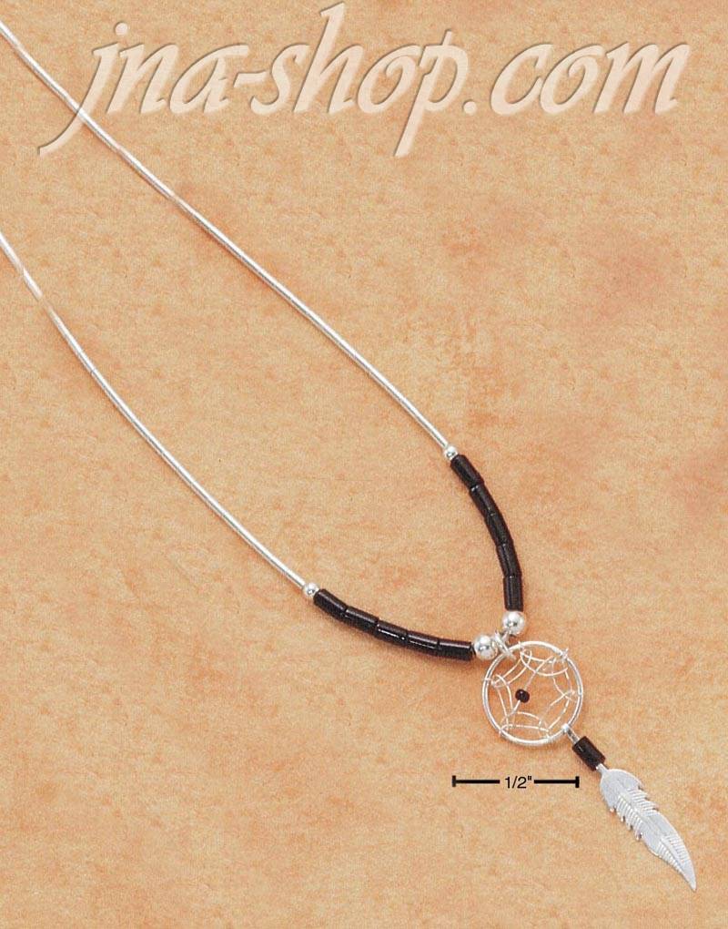 Sterling Silver 20" TINY DREAMCATCHER NECKLACE WITH BLACK HESHI - Click Image to Close