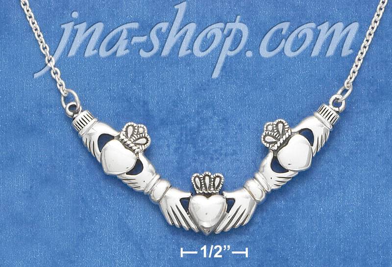 Sterling Silver 18" ANTIQUED TRIPLE CLADDAGH "V" CABLE NECKLACE - Click Image to Close