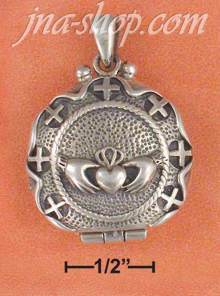 Sterling Silver ANTIQ CLADDAGH LOCKET W/CROSS BORDER & FILIGREE - Click Image to Close