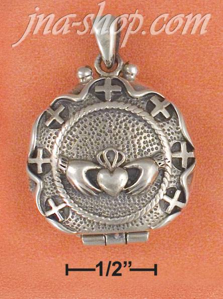 Sterling Silver ANTIQ CLADDAGH LOCKET W/CROSS BORDER & FILIGREE - Click Image to Close