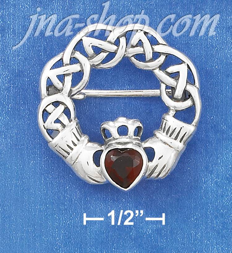 Sterling Silver CELTIC DESIGN CLADDAGH W/ SYNTHETIC GARNET CENTE - Click Image to Close
