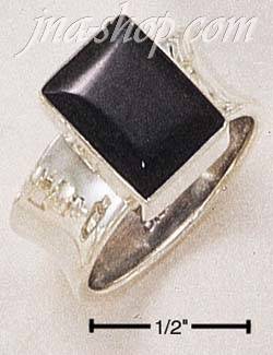 Sterling Silver RECTANGULAR JET STONE ON CONCAVE BAND RING - Click Image to Close