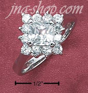 Sterling Silver WOMENS SQUARE CZ RING W/ CZ BORDER ON PLAIN BAND - Click Image to Close